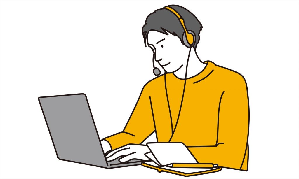 ヘッドセットを着けてパソコンを操作する男性のイラスト